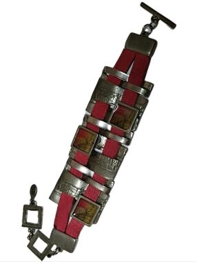 Modernist Signed NES Montreal Pewter And Leather Bracelet